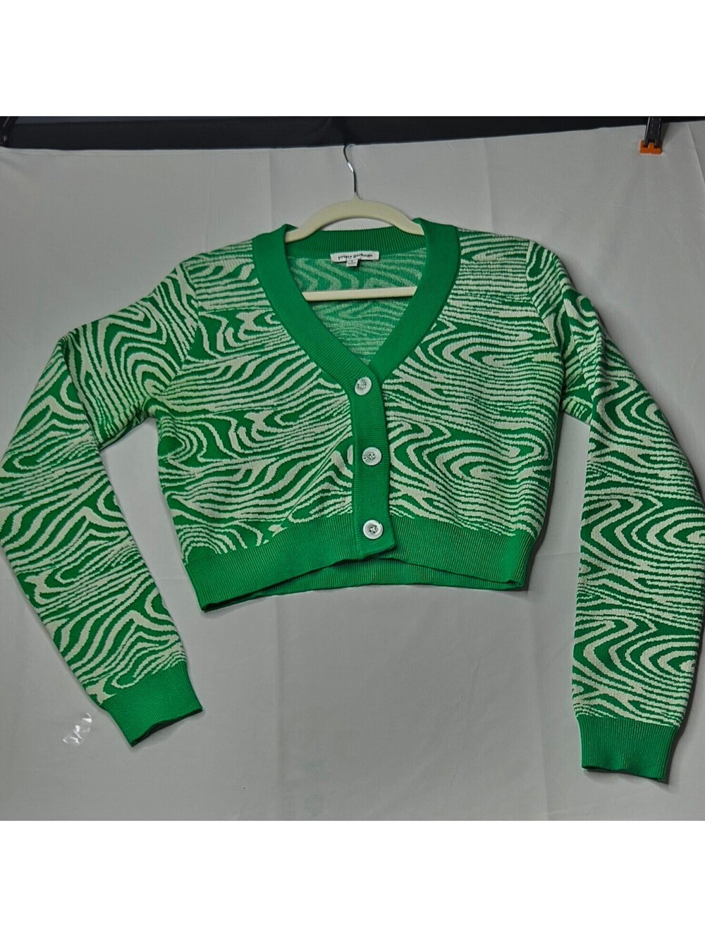 Pretty Garbage Green Zebra Swirl Cropped Knit Cardigan Sweater Size L